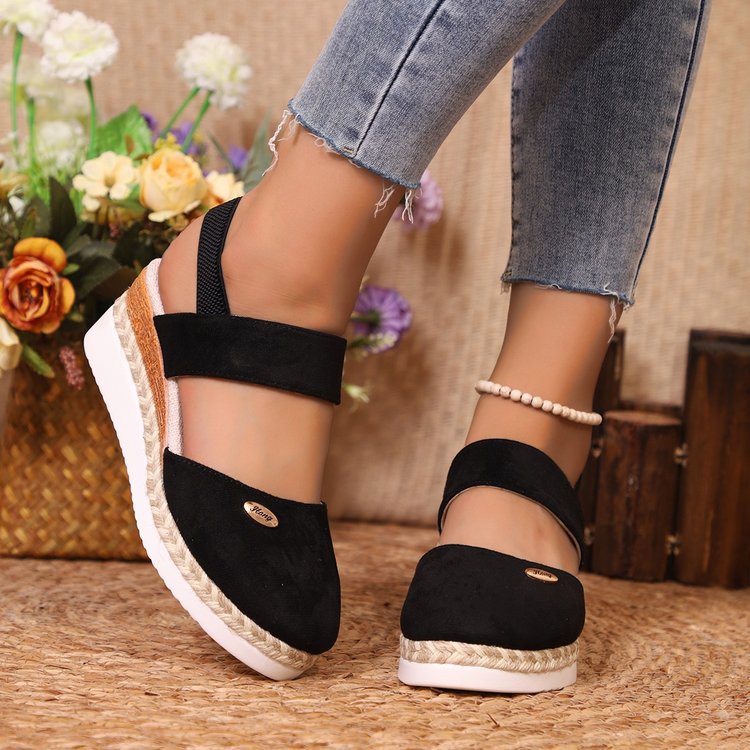 Damen  Espadrille-Keilpantoletten mit elastischem Fersenriemen, Veloursoptik-Obermaterial und geflochtenem Jute-Plateau Nord Taschen