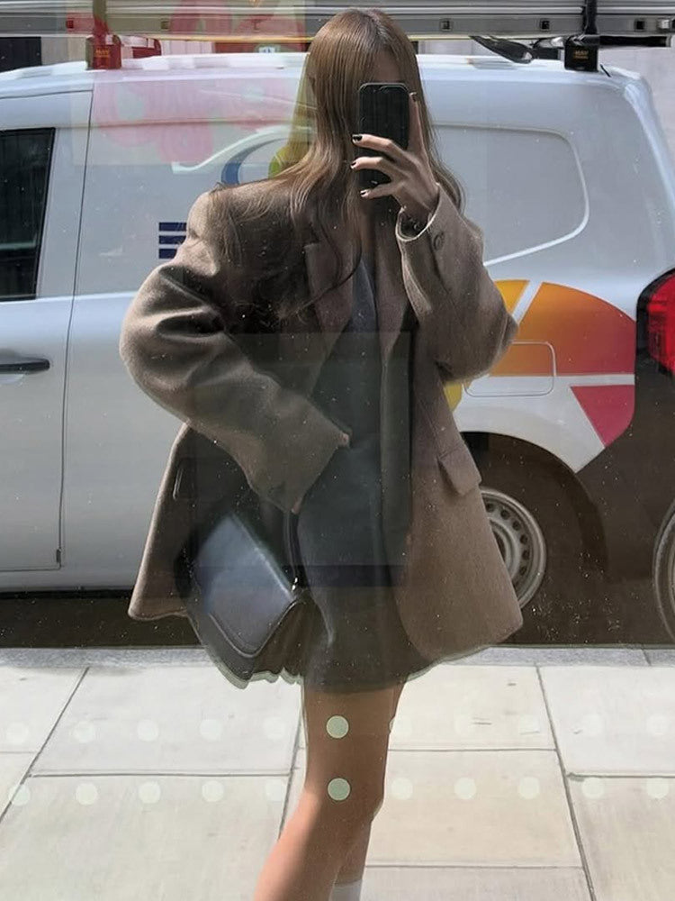 Damen Oversize Wollmix-Mantelblazer mit kastiger Silhouette und Pattentaschen Nord Taschen