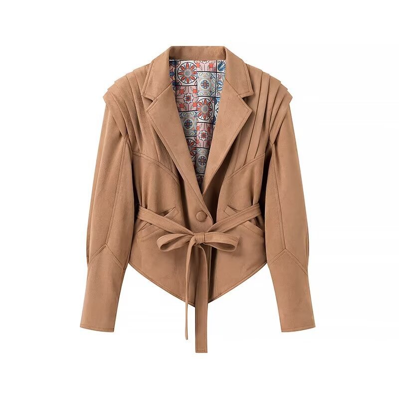 Damen Wildleder‑Wickeljacke mit Taillengürtel und strukturierten Schulterdetails Nord Taschen