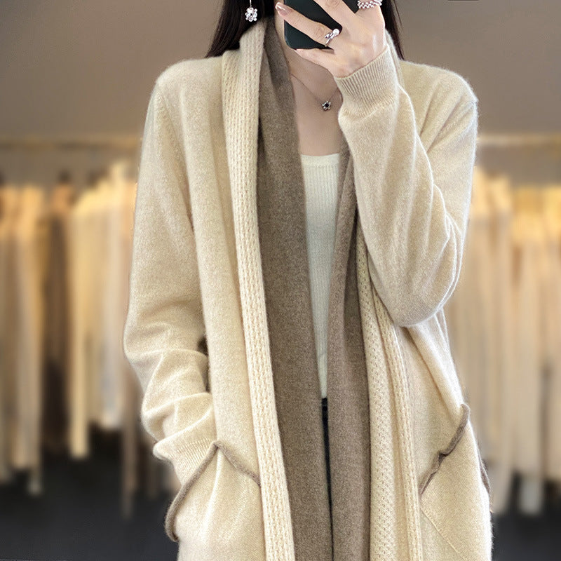 Damen Langer offener Cardigan in Kaschmir‑Look mit Schalkragen und Eingriffstaschen Nord Taschen