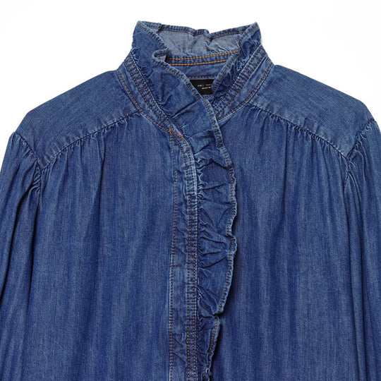 Damen Denim-Bluse mit Rüschenknopfleiste und Stehkragen Nord Taschen