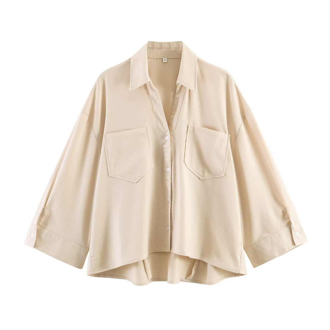 Damen Oversize-Hemdbluse mit großen Brusttaschen, überschnittener Schulter und High‑Low‑Saum Nord Taschen