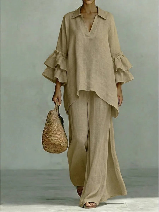 Damen Leinen-Loungewear-Set mit Volantärmeln und weitem Palazzo-Hose Nord Taschen