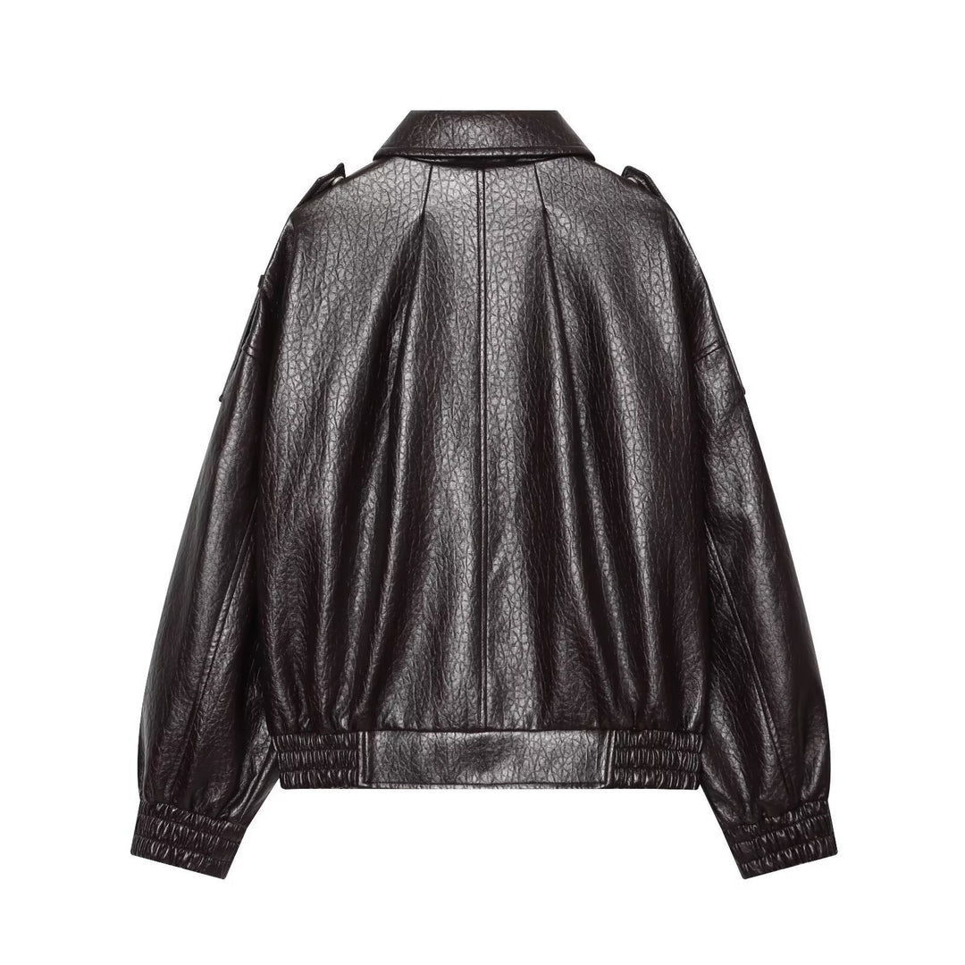 Damen Oversized Kunstleder-Bomberjacke mit Schulterklappen und gerafftem Saum Nord Taschen
