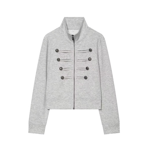 Damen Cropped Sweatjacke mit Stehkragen und militärischen Zierknopfreihen Nord Taschen
