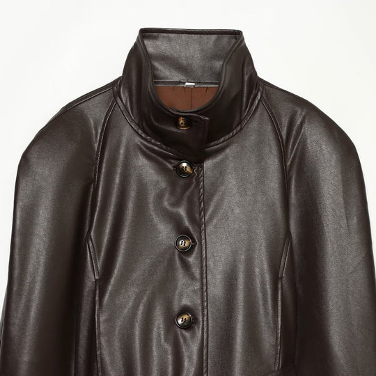 Damen Taillierte Cropped Veganlederjacke mit Stehkragen und Bindegürtel Nord Taschen
