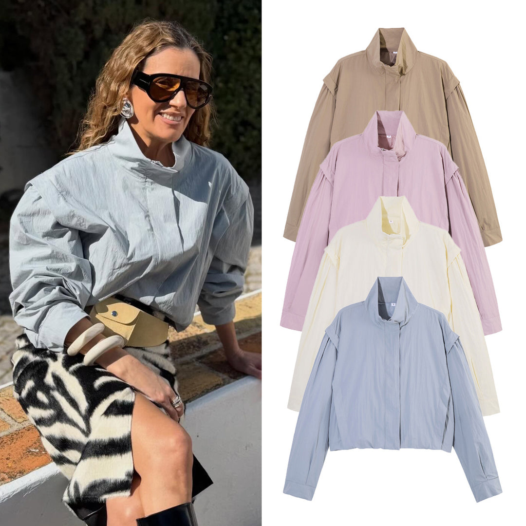 Damen Cropped-Blouson mit Stehkragen, geraffter Schulterpasse und weitem Ballonärmel Nord Taschen