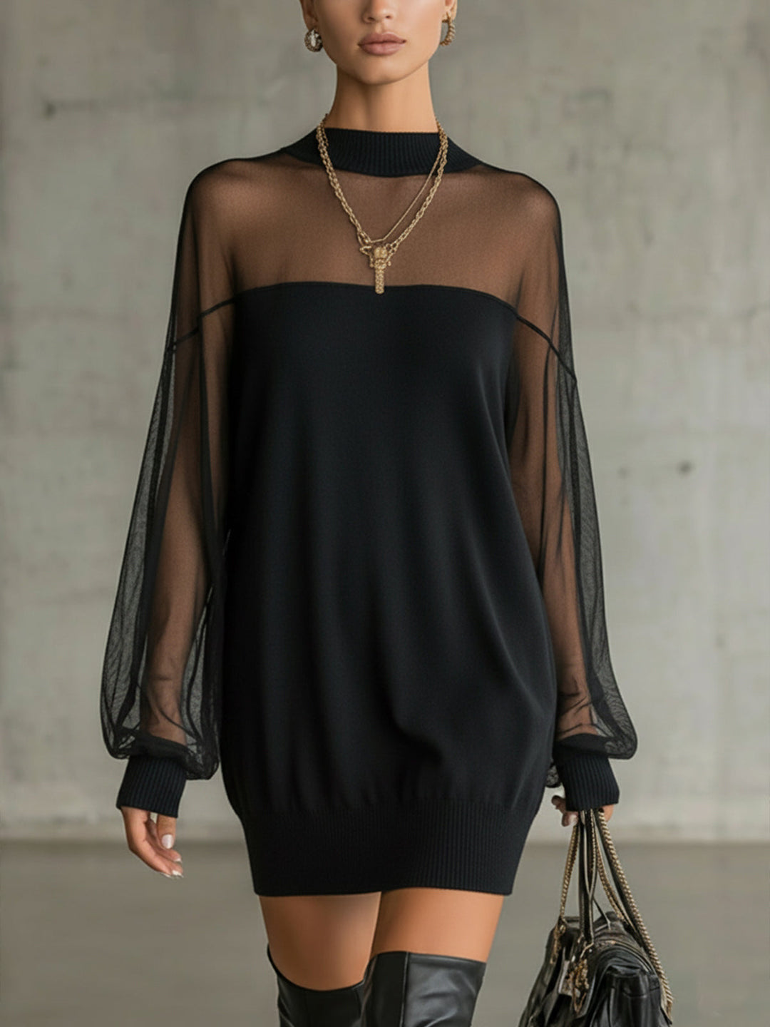 Damen Luftiges Minikleid mit transparenten Ärmelpartien und stylischem Highneck Nord Taschen
