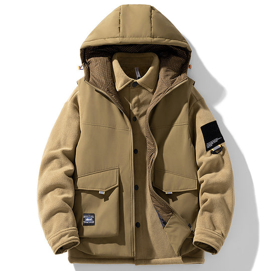 Herren Hybrid-Steppjacke mit Kapuze und Fleece-Ärmeln, Utility-Parka Nord Taschen