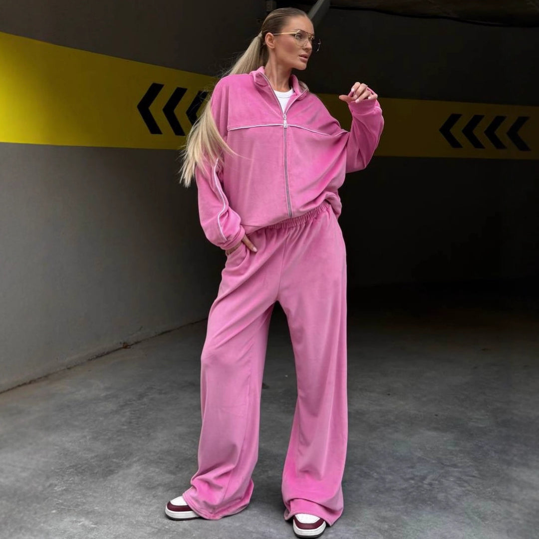 Damen moderne Velours-Zweiteiler mit kurzem Stehkragen-Zip und fließender hochgeschnittener Palazzohose Nord Taschen