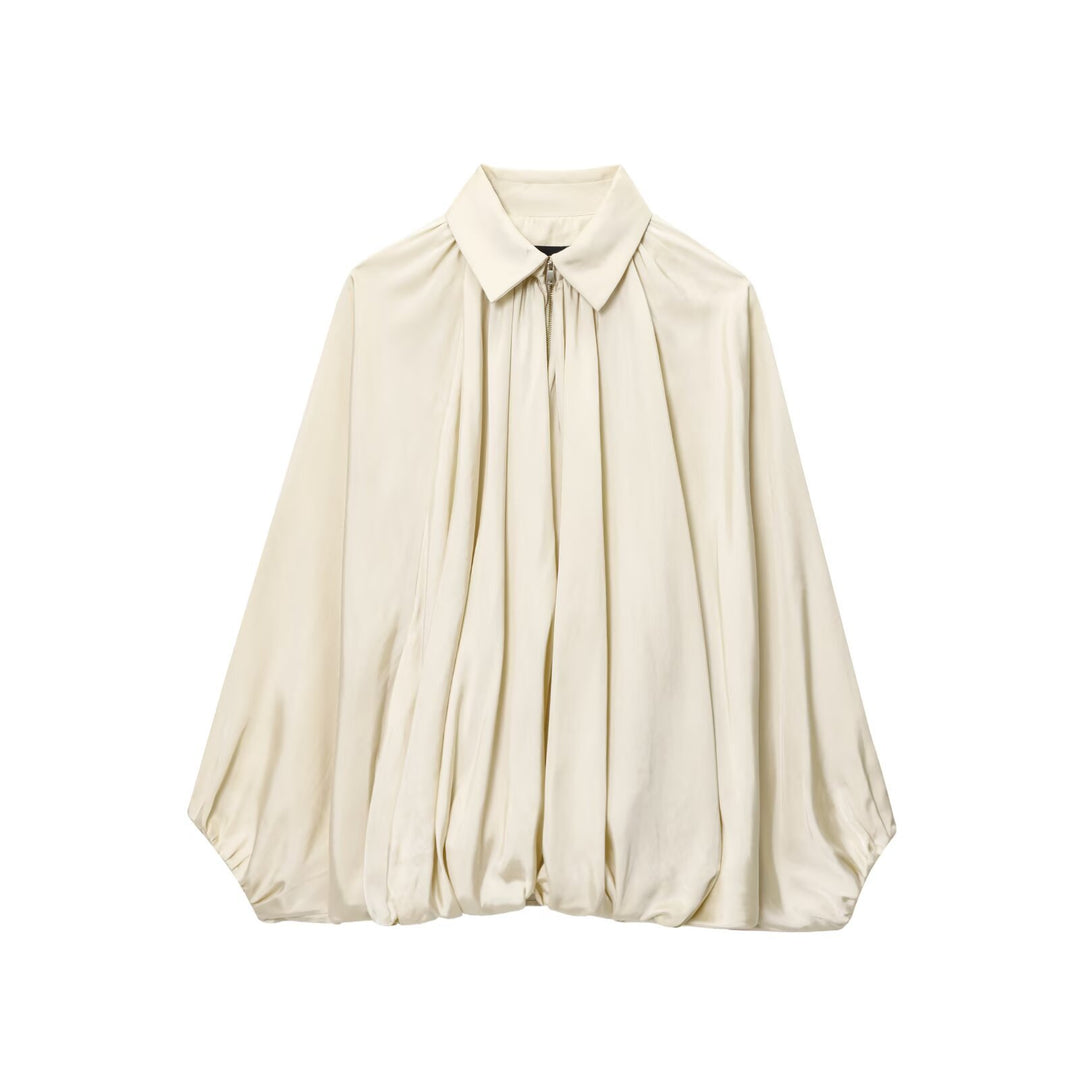 Damen Weite plissierte Hemdblusen-Jacke mit Hemdkragen, Reißverschluss und ballonförmigem Saum Nord Taschen