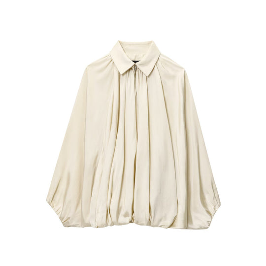Damen Weite plissierte Hemdblusen-Jacke mit Hemdkragen, Reißverschluss und ballonförmigem Saum Nord Taschen