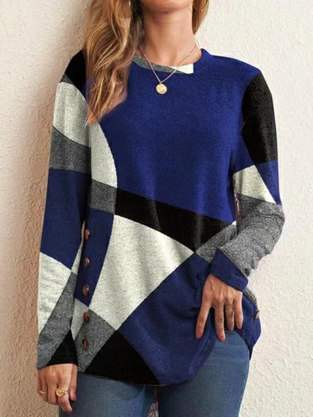 Damen Feinstrickpullover mit geometrischem Colorblock und Zierknöpfen Nord Taschen