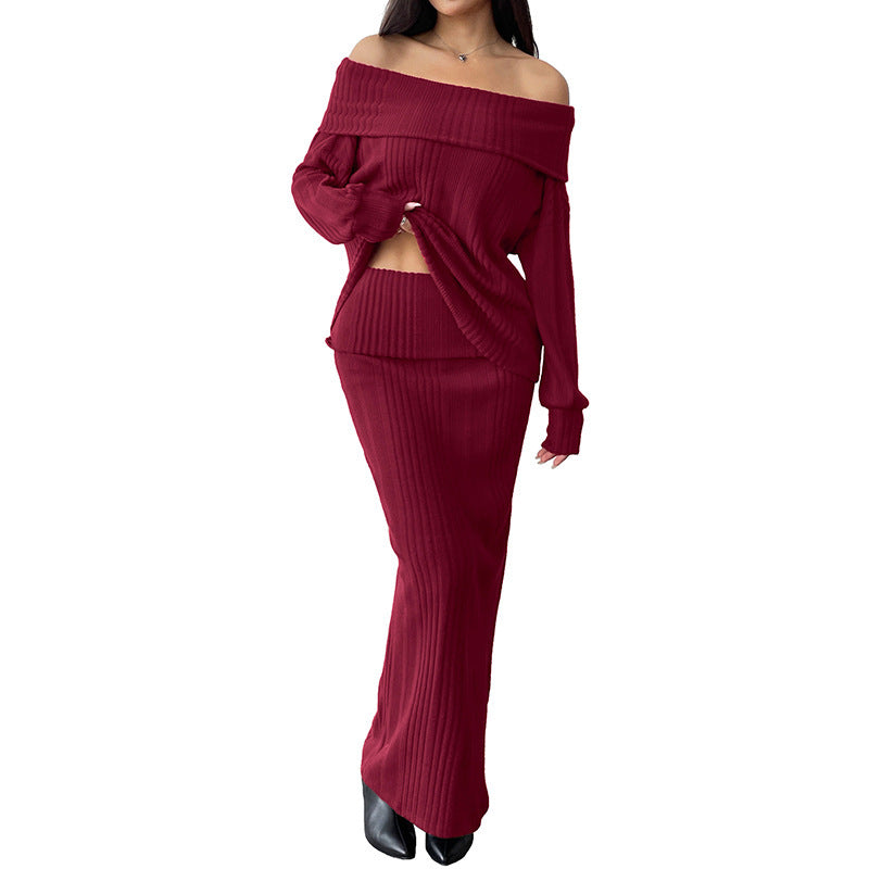 Damen Schulterfreies Rippstrick-Set mit Carmen-Ausschnitt und figurbetontem Maxi-Rock Nord Taschen