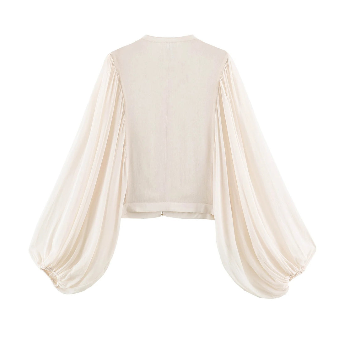 Damen Kurze Bluse‑Jacke mit dekorativer Kordelverzierung und voluminösen Plisseeärmeln Nord Taschen