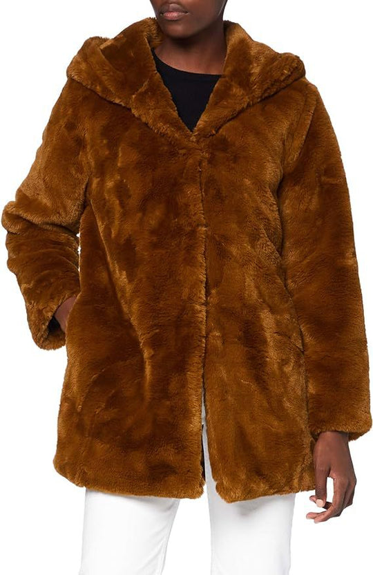 Damen Midilanger Kunstpelzmantel mit Kapuze, Teddy-Finish und verdeckter Knopfleiste Nord Taschen