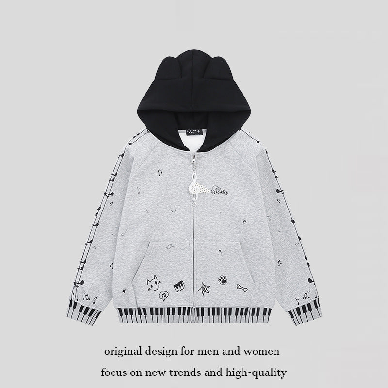 Damen Kapuzensweatjacke mit durchgehendem Reißverschluss, Musikprint, Klaviertasten‑Bündchen und Ohrenkapuze Nord Taschen