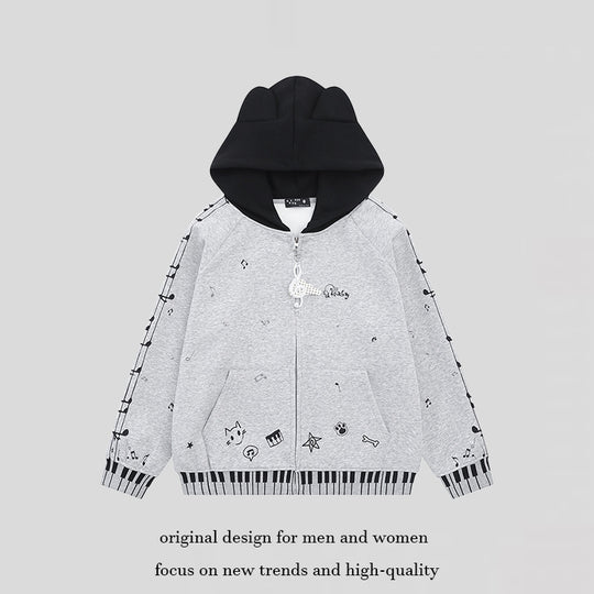 Damen Kapuzensweatjacke mit durchgehendem Reißverschluss, Musikprint, Klaviertasten‑Bündchen und Ohrenkapuze Nord Taschen