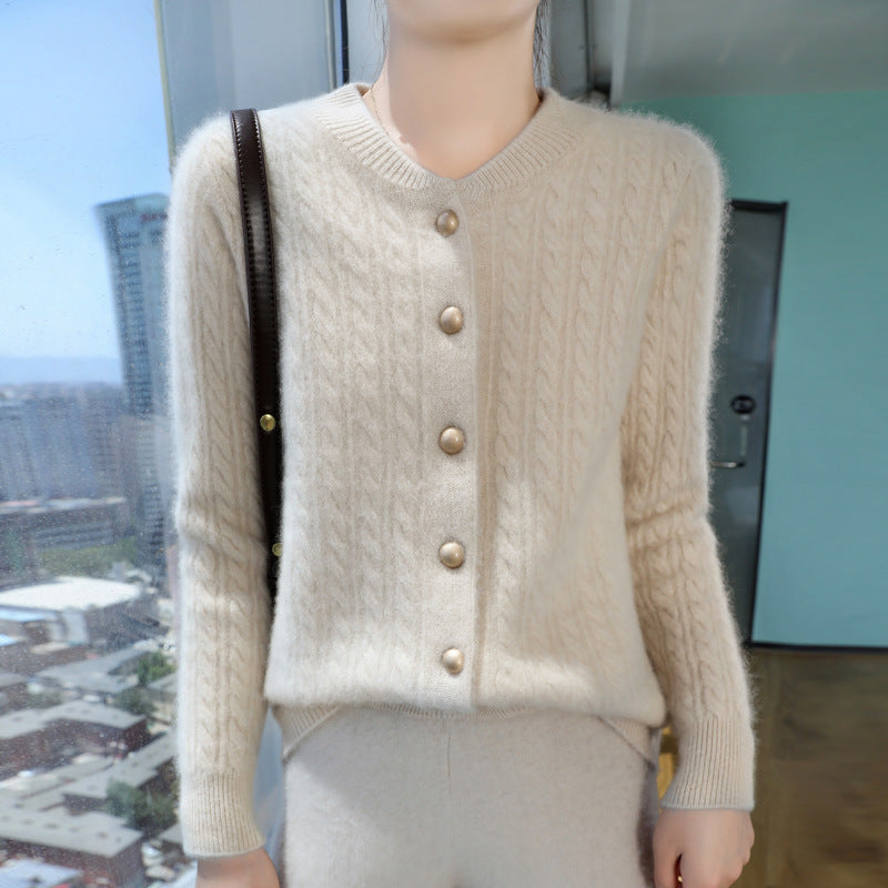Damen Leichter Zopfstrick-Cardigan in Mohair‑Optik mit dekorativen Perlmuttknöpfen Nord Taschen