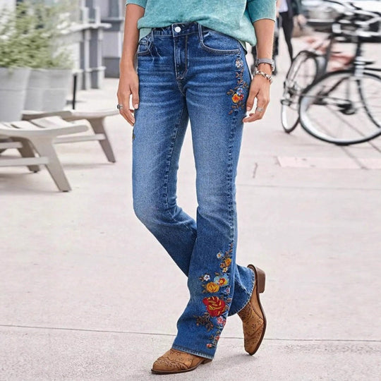 Damen bestickte Bootcut-Jeans mit hoher Taille und leichtem Stretch Nord Taschen