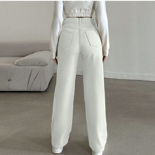 Damen Hochtaillierte weite Fünf-Taschen-Hose aus elastischem Denim mit ausgestelltem Bein Nord Taschen