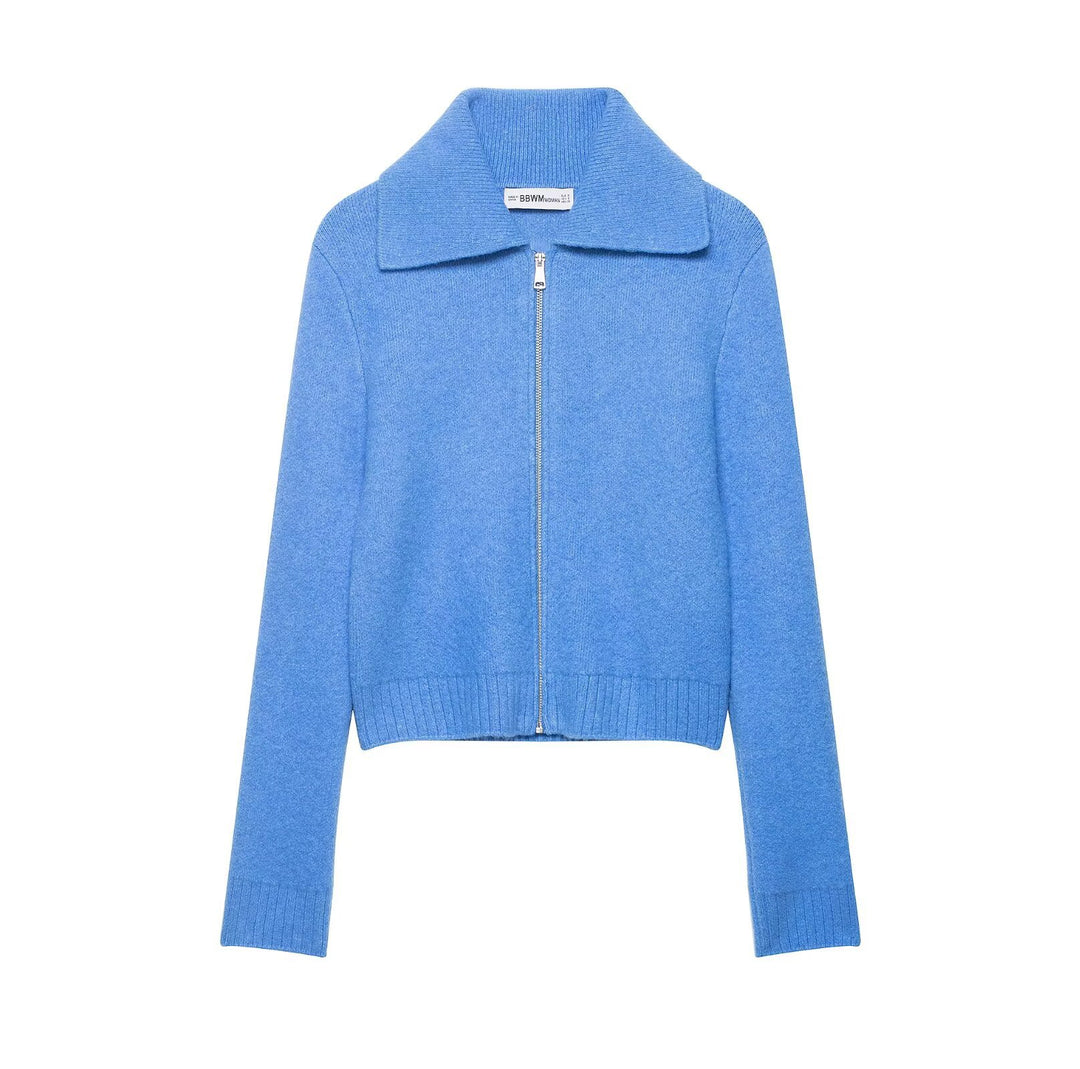 Damen Kurze Strickjacke mit Reißverschluss, weitem Polokragen und geripptem Saum Nord Taschen