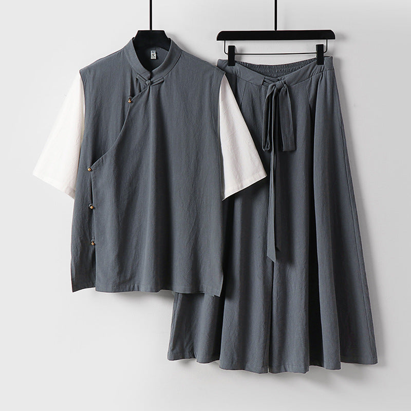 Damen Zweiteiliges Kimono-Loungewear-Set aus Leinenmischung mit Stehkragen asymmetrischer Knopfleiste und weitem Palazzo-Hosenrock Nord Taschen