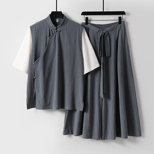 Damen Zweiteiliges Kimono-Loungewear-Set aus Leinenmischung mit Stehkragen asymmetrischer Knopfleiste und weitem Palazzo-Hosenrock Nord Taschen