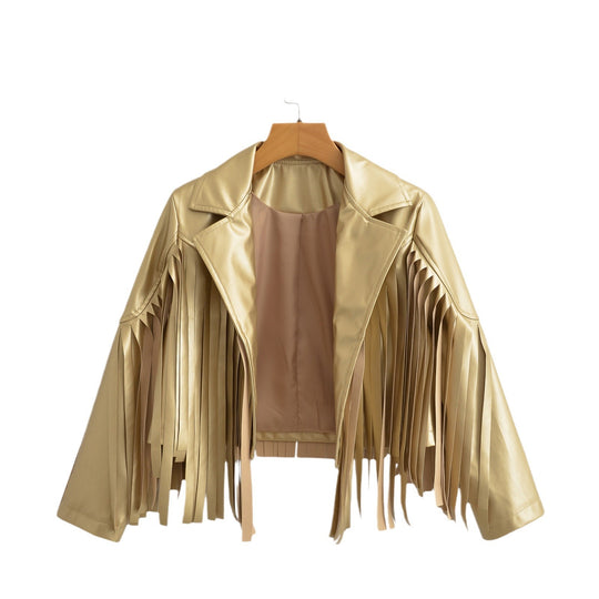 Damen Kurzjacke im Bikerstil mit Metallic‑Optik und langen Lederfransen Nord Taschen