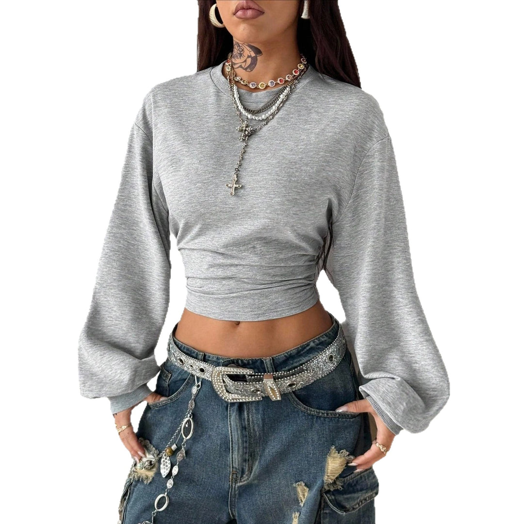 Damen Cropped Sweatshirt mit Taillenraffung und weiten Raglanärmeln Nord Taschen