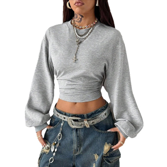 Damen Cropped Sweatshirt mit Taillenraffung und weiten Raglanärmeln Nord Taschen