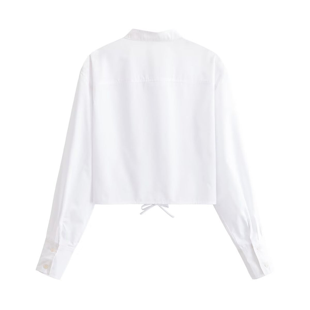 Damen Cropped Bluse mit Schnürkorsett‑Taillierung und Stehkragen Nord Taschen