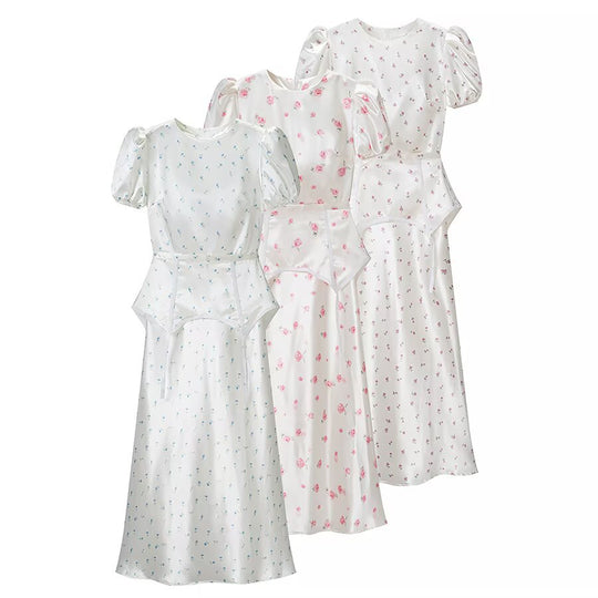 Damen Midikleid aus Satin mit Puffärmeln, integrierter Korsagen-Peplum und zartem Blumenprint Nord Taschen