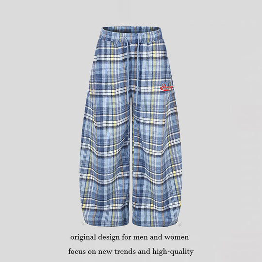Damen Weite Karierte Palazzo-Loungehose mit hohem Komfortbund und Saumkordel Nord Taschen