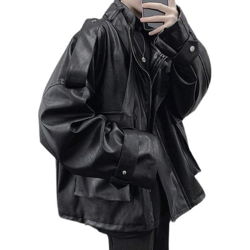 Herren Weitgeschnittene Kunstlederjacke mit Kapuze, Utility-Taschen und verstellbaren Manschetten Nord Taschen