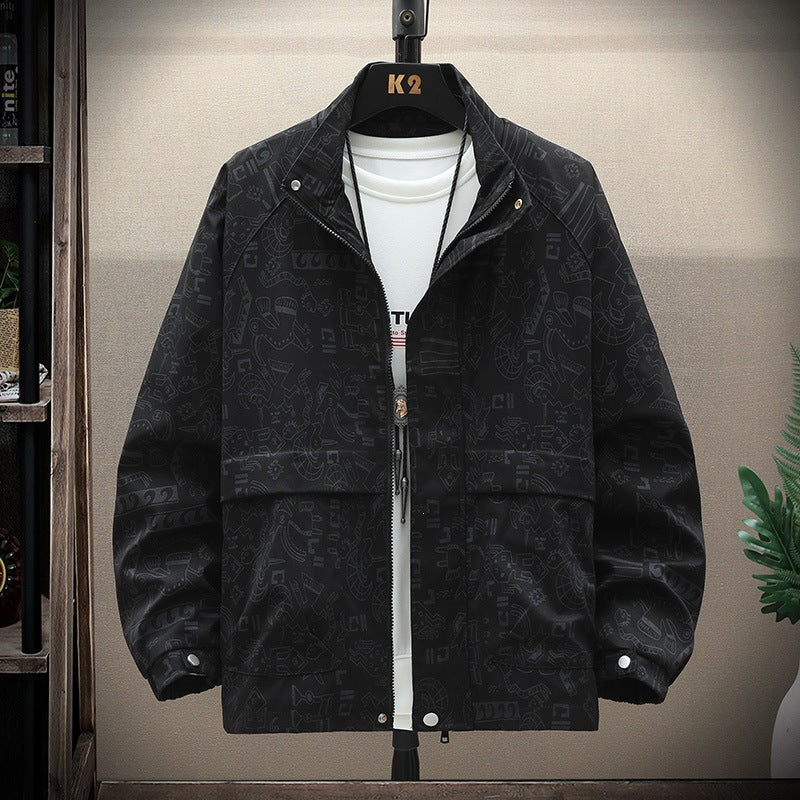Herren leichte Overshirt-Utility-Jacke mit Allover-Print, Stehkragen & verdecktem Reißverschluss Nord Taschen