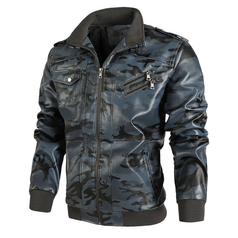 Herren Camouflage-Kunstleder-Bomberjacke im Pilotenstil mit Rippbündchen und Zipper-Taschen Nord Taschen