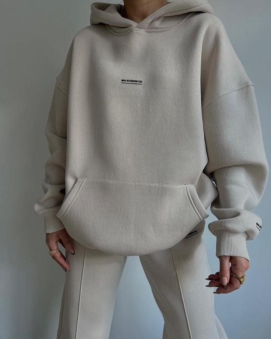 Damen Set Schwere French‑Terry Oversize‑Kapuzenpullover mit Kängurutasche und Slim‑Jogginghose Nord Taschen