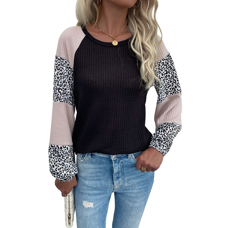 Damen Raglan-Langarmshirt aus Waffeljersey mit Colorblock-Ärmeln und Leoparden-Details Nord Taschen