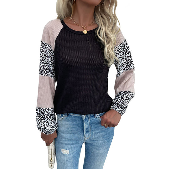 Damen Raglan-Langarmshirt aus Waffeljersey mit Colorblock-Ärmeln und Leoparden-Details Nord Taschen