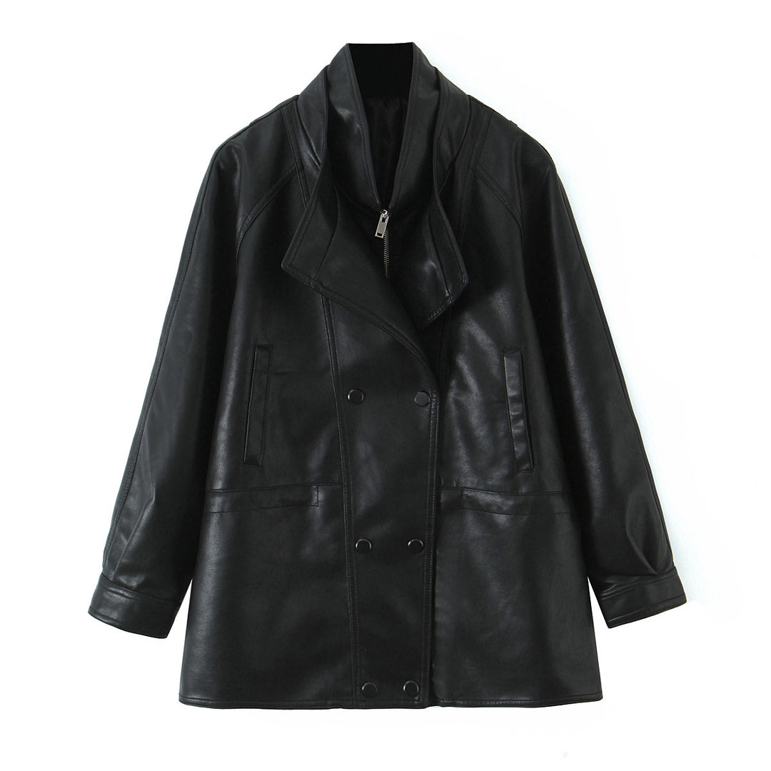 Damen Oversized Kunstlederjacke mit hohem Stehkragen und doppelreihiger Knopfleiste Nord Taschen