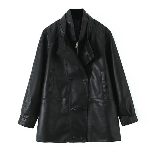 Damen Oversized Kunstlederjacke mit hohem Stehkragen und doppelreihiger Knopfleiste Nord Taschen