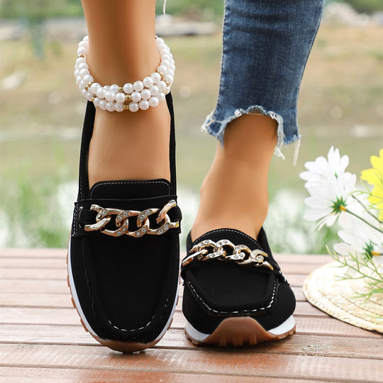 Damen Casual-Plateau-Loafer im Mokassin-Stil mit glitzernder Kettendekor und profilierter Gummisohle Nord Taschen