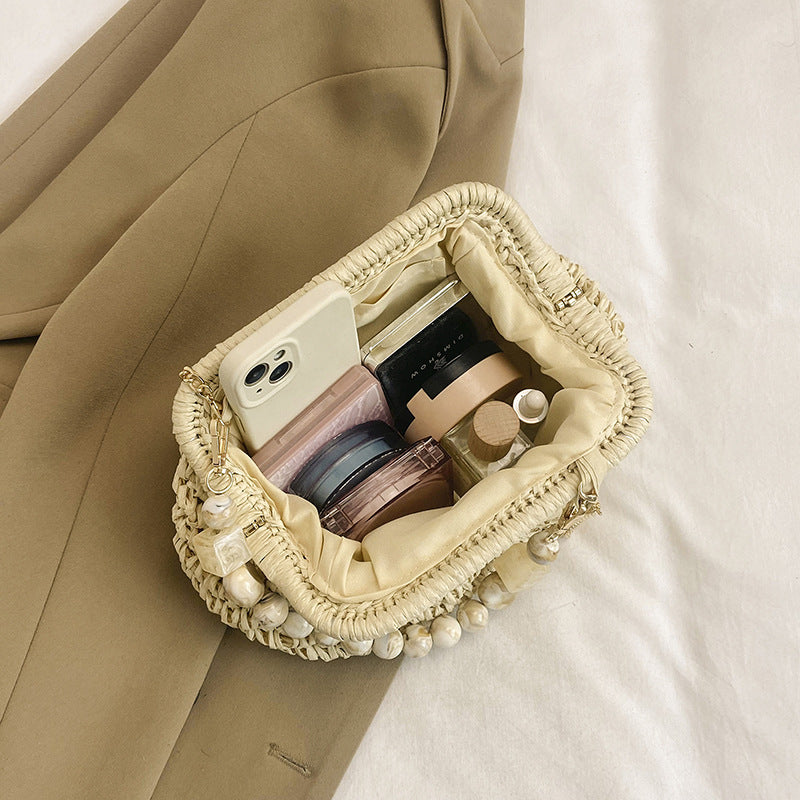 Damen handgefertigte Strohtasche mit dekorativem Perlenhenkel Nord Taschen