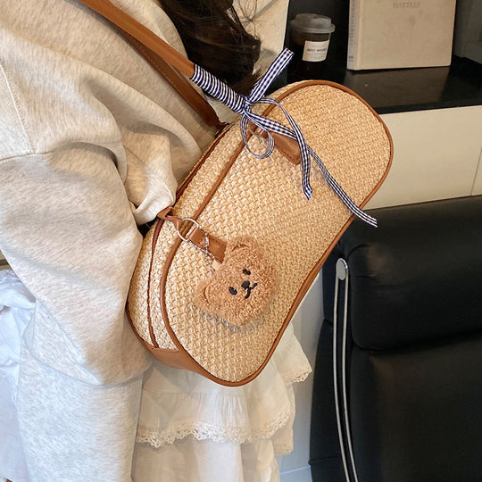 Damen handgefertigte Umhängetasche aus natürlichem Material mit eleganter Schleifenverzierung Nord Taschen