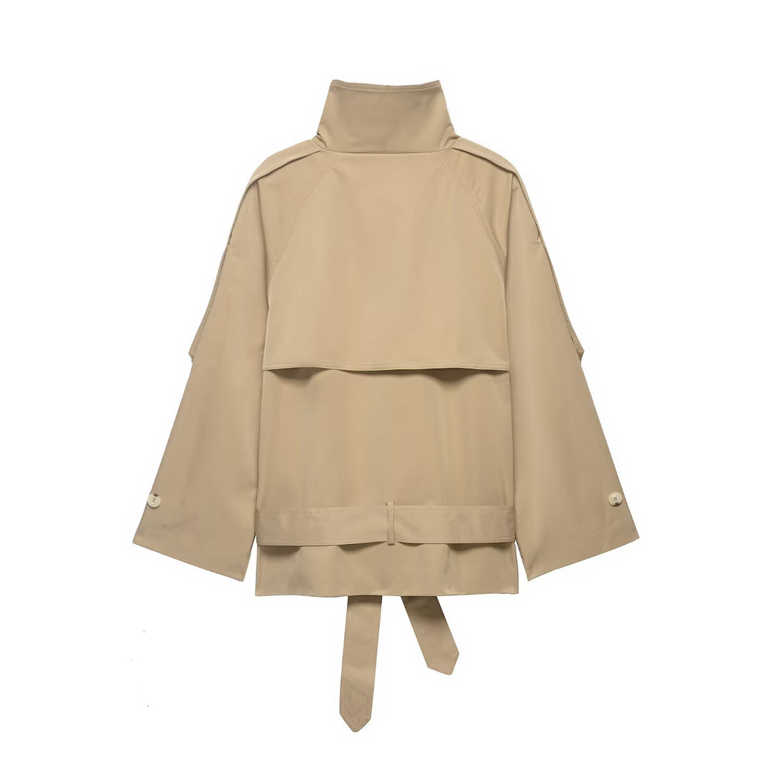 Damen Kurzcape-Trench mit hohem Stehkragen, doppelreihiger Knopfleiste und Bindegürtel Nord Taschen