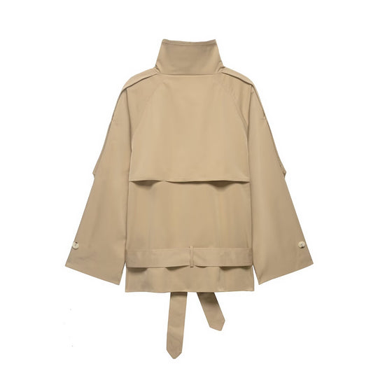Damen Kurzcape-Trench mit hohem Stehkragen, doppelreihiger Knopfleiste und Bindegürtel Nord Taschen