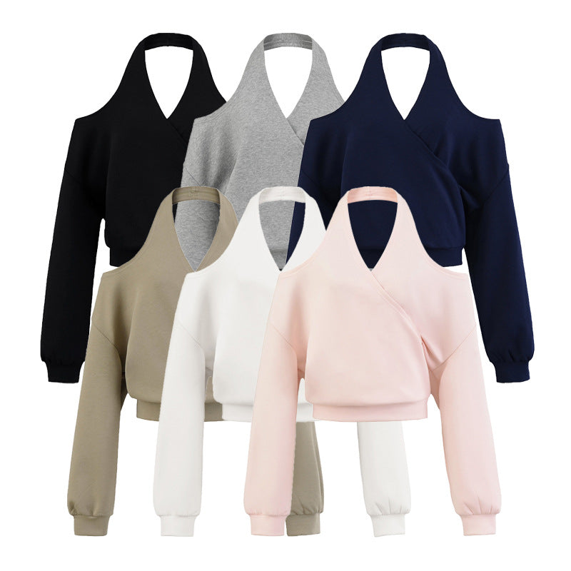 Damen Cropped Sweatshirt mit Neckholder, Cold-Shoulder und Wickeloptik Nord Taschen