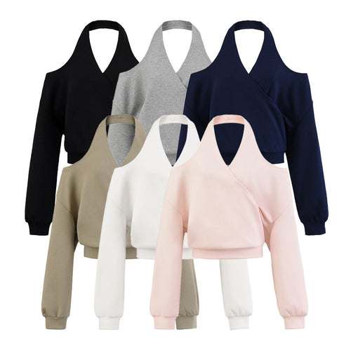 Damen Cropped Sweatshirt mit Neckholder, Cold-Shoulder und Wickeloptik Nord Taschen