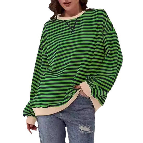 Damen Gestreifter Oversize Pullover mit Kontrastbündchen Nord Taschen